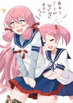  2girls :d =_= akashi_(kantai_collection) blue_skirt blush bunny cerasus closed_eyes covering covering_crotch hair_bobbles hair_ornament hip_vent kantai_collection long_hair long_sleeves md5_mismatch multiple_girls neckerchief open_mouth pink_hair pleated_skirt sailor_collar sazanami_(kantai_collection) school_uniform serafuku skirt smile surprised tears translated twintails v_arms white_background 