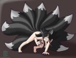  2018 9_tails all_fours an&rsquo;hija animal_humanoid black_hair breasts female fox_humanoid hair humanoid long_hair looking_at_viewer multi_tail nude simple_background smile solo thetransformtentacle 