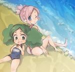  bad_id bad_pixiv_id barefoot beach bikini blue_eyes blush green_eyes green_hair inazuma_eleven_(series) inazuma_eleven_go inazuma_eleven_go_galaxy looking_back morimura_konoha multiple_girls nankai nozaki_sakura one-piece_swimsuit one_eye_closed open_mouth pink_hair sand school_swimsuit swimsuit tears water 