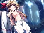  blonde_hair bloomers blush breasts collarbone dress dress_removed fairy_wings forest hat hemogurobin_a1c lily_white looking_at_viewer nature navel nipples rain small_breasts solo topless touhou underwear underwear_only wet_bloomers white_bloomers white_dress wings yellow_eyes 