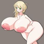  1girl areolae blonde_hair blonde_teacher_(psp) blush breasts cross female gigantic_breasts green_eyes highres jewelry large_areolae leaning_forward lips long_hair milf mole necklace nipples nude original simple_background solo standing wide_hips zeon_(pixiv722928) 