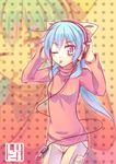  ;p blue_hair digital_media_player hands_on_headphones headphones long_hair looking_at_viewer luzi one_eye_closed original ponytail red_eyes solo tongue tongue_out walkman 