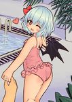  ass bat_wings blue_hair hair_ribbon heart holding_hands jewelry looking_at_viewer nyt_(nagane) one_eye_closed open_mouth out_of_frame pink_eyes pink_swimsuit pool pov pov_hands remilia_scarlet ribbon ring smile swimsuit touhou wings 