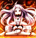  ayase_midori bare_arms bare_shoulders dress fangs fire flame gloves horns kantai_collection long_hair northern_ocean_hime red_eyes shinkaisei-kan shirt silver_hair sitting sleeveless sleeveless_shirt solo very_long_hair wariza white_dress white_gloves 