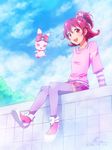  2013 :d aida_mana arm_support artist_name bow casual dated day dokidoki!_precure hair_ornament highres looking_at_viewer nicca_(kid_nicca) open_mouth pink_bow ponytail precure purple_legwear red_eyes red_hair sharuru_(dokidoki!_precure) shoes sitting smile thighhighs zettai_ryouiki 