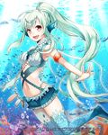  :d air_bubble brown_eyes bubble fang fish green_hair hair_ornament head_fins long_hair looking_at_viewer navel official_art open_mouth original ponytail seikon_no_arcana smile solo submerged underwater yuzuki_kihiro 