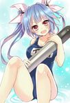  bad_id bad_pixiv_id blue_hair fang hair_ribbon harimoji holding holding_torpedo i-19_(kantai_collection) kantai_collection long_hair looking_at_viewer one-piece_swimsuit open_mouth red_eyes ribbon school_swimsuit sitting solo swimsuit torpedo twintails 