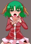  animal_ears blush cupping_hand green_eyes green_hair hato_no_suisou highres kasodani_kyouko open_mouth sexually_suggestive short_hair skirt solo touhou 