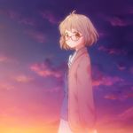  brown_eyes brown_hair glasses kuriyama_mirai kyoukai_no_kanata looking_at_viewer nicca_(kid_nicca) pleated_skirt school_uniform serafuku short_hair skirt solo sweater twilight 