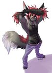  2014 abs anthro black_fur clothing fur grey_fur hair heterochromia hybrid looking_at_viewer male muscles nytro pants pants_down pecs perspective plain_background raising_arms red_fur red_hair scar smirk unknown_species white_background white_fur whitephox 