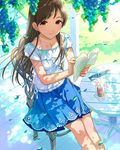  artist_request blouse blue_skirt book bookmark brown_eyes brown_hair chair collarbone cup dappled_sunlight day drinking_glass drinking_straw earrings food from_above fruit grapes holding holding_book idolmaster idolmaster_cinderella_girls jewelry jpeg_artifacts knees_together long_hair looking_at_viewer necklace nitta_minami official_art open_book outdoors reading sitting skirt smile solo striped stud_earrings sunlight table vertical_stripes white_blouse wind 