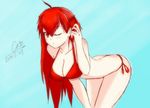  1girl bikini breasts cleavage elesis elesis_(elsword) elsword long_hair medium_breasts red_hair swimsuit wink 