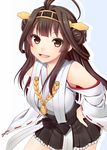  blush brown_eyes brown_hair detached_sleeves hairband hands_on_hips hazuki_(etcxetc) headgear japanese_clothes kantai_collection kongou_(kantai_collection) long_hair looking_at_viewer nontraditional_miko open_mouth solo wide_sleeves 