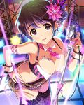  artist_request black_legwear breasts brown_eyes brown_hair cuff_links flower hair_flower hair_ornament idolmaster idolmaster_cinderella_girls jpeg_artifacts large_breasts microphone microphone_stand necktie official_art oikawa_shizuku short_hair thighhighs wrist_cuffs 