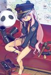  bare_legs barefoot boots corded_phone explosive grenade gun handgun hat holding jacket long_hair looking_at_viewer map mauser_c96 open_mouth original panties peaked_cap phone pink_hair red_eyes shindou_kamichi solo stielhandgranate underwear weapon 