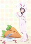  animal_costume anime_coloring black_hair blue_eyes bunny_costume carrot full_body looking_at_viewer nicca_(kid_nicca) original solo walking 