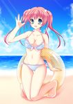  bad_id bad_pixiv_id bangs bare_arms bare_shoulders barefoot beach bikini breasts collarbone day eyebrows_visible_through_hair full_body green_eyes horizon innertube jick kneeling large_breasts long_hair looking_at_viewer navel ocean original outdoors pink_hair solo swimsuit twintails water waving 