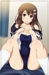  blush breasts brown_eyes brown_hair collarbone hair_ornament hairpin hands_on_own_chest long_hair looking_at_viewer medium_breasts navel niimi_haruka_(photokano) off_shoulder one-piece_swimsuit photokano school_swimsuit school_uniform shian_(my_lonly_life.) short_sleeves smile solo spread_legs stomach swimsuit 
