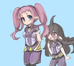  1girl arms_behind_back bad_id bad_pixiv_id black_hair blue_eyes blush breasts faramu_diite gandaresu_baran inazuma_eleven_(series) inazuma_eleven_go inazuma_eleven_go_galaxy long_hair medium_breasts nankai open_mouth pink_hair pointy_ears selen_melville soccer_uniform sportswear twintails 