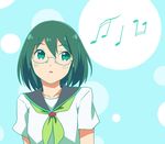  anime_coloring beamed_sixteenth_notes collarbone glasses green_eyes green_hair looking_at_viewer musical_note nicca_(kid_nicca) original quarter_note rimless_eyewear school_uniform serafuku short_hair solo 