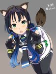  animal_ears blue_hair blush dated elbow_gloves gloves green_eyes hairband highres infinote kantai_collection long_hair looking_at_viewer low_twintails open_mouth paw_pose ribbon school_uniform serafuku suzukaze_(kantai_collection) tail thighhighs twintails twitter_username 