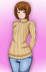 1boy androgynous brown_eyes brown_hair looking_at_viewer my_(mitinaka) solo sweater trap turtleneck wide_hips 