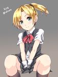  between_legs between_thighs blonde_hair blush dated gloves hand_between_legs highres infinote kantai_collection looking_at_viewer maikaze_(kantai_collection) open_mouth ponytail school_uniform short_hair sitting skirt smile twitter_username vest 