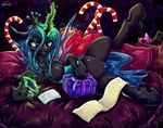  bed black_body black_fur candy_cane changeling christmas dildo dimwitdog female friendship_is_magic fur gift glowing holidays horn list lying magic my_little_pony pussy queen_chrysalis_(mlp) sex_toy wings 