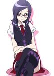  argyle argyle_legwear bespectacled black_legwear brown_eyes crossed_legs fresh_precure! glasses hair_ornament hairclip higashi_setsuna long_hair manji_(tenketsu) necktie precure puffy_sleeves purple_hair shiny shiny_hair sitting skirt smile solo thighhighs vest 