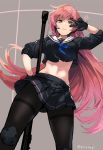  black_gloves black_legwear black_serafuku breasts from_below ganesagi girls_frontline gloves gun headset highres knee_pads long_hair medium_breasts midriff navel ntw-20_(girls_frontline) pantyhose pink_eyes pink_hair pleated_skirt rifle school_uniform serafuku simple_background skirt solo standing thighband_pantyhose v weapon 