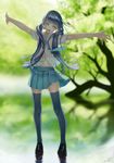  :d bangs blouse blue_hair blue_legwear blue_skirt blurry depth_of_field head_tilt highres loafers long_hair miniskirt nana_mikoto navel open_blouse open_clothes open_mouth original outdoors outstretched_arms outstretched_hand pleated_skirt reflection school_uniform shoes short_sleeves skirt smile solo spread_arms standing standing_on_liquid thighhighs tree very_long_hair white_blouse wing_collar yellow_eyes zettai_ryouiki 