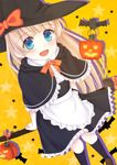  :d bat black_legwear blonde_hair blue_eyes broom from_above halloween hat jack-o'-lantern long_hair looking_at_viewer looking_up megumuxxx open_mouth original shoes smile solo very_long_hair witch witch_hat 