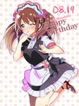  ;p apron bad_id bad_pixiv_id birthday brown_hair character_name green_eyes happy_birthday idolmaster idolmaster_side-m kasuga_souichi long_hair maid maid_headdress male_focus mizushima_saki one_eye_closed otoko_no_ko standing standing_on_one_leg tongue tongue_out twintails waist_apron 