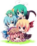  &gt;:) :d ^_^ antennae blonde_hair blue_eyes blue_hair bow cape chibi chibi_on_head cirno closed_eyes daiyousei drooling green_eyes green_hair hair_bow hair_ribbon hat ice ice_wings looking_at_viewer minigirl multiple_girls mystia_lorelei on_head open_mouth person_on_head pink_hair red_eyes ribbon rumia short_hair size_difference smile team_9 touhou v-shaped_eyebrows wings wriggle_nightbug yukimiya_(parupunta) 