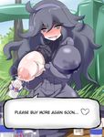  1girl @_@ absurdres ahegao ahoge areolae ayuayu1192 ayuayu_(shouyu_no_sato) black_hair blush bottle breast_hold breast_slip breasts bush grass hairband hard_translated heart hex_maniac_(pokemon) highres huge_breasts lactation long_hair looking_at_viewer milk milk_leaking_through_clothing naughty_face nipples npc_trainer one_breast_out open_clothes open_mouth outdoors pale_skin pokemon pokemon_(game) pokemon_xy purple_eyes ribbed_sweater sitting sky smile solo spoken_heart sweater text translated 
