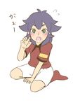  armband blush chino_(kapuriko1023) claw_pose fang green_eyes inazuma_eleven_(series) inazuma_eleven_go kidokawa_seishuu kishibe_taiga long_hair looking_at_viewer male_focus no_shoes open_mouth purple_hair simple_background sitting soccer_uniform socks solo sportswear white_background 