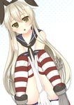  bad_id bad_pixiv_id elbow_gloves gloves green_eyes hairband kantai_collection light_brown_hair long_hair looking_at_viewer megumuxxx open_mouth school_uniform serafuku shimakaze_(kantai_collection) sitting solo striped striped_legwear thighhighs 