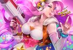  arcade_miss_fortune blue_eyes breasts bubble_blowing chewing_gum detached_sleeves hair_over_one_eye hat headphones hood hoodie large_breasts league_of_legends light_gun long_hair na_young_lee nail_polish pink_hair pointing pointing_up sarah_fortune solo star upper_body vest watermark web_address yellow_nails 