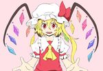  ascot atsuiiscarlet blonde_hair dress flandre_scarlet hat highres open_mouth outstretched_arms red_eyes ribbon short_hair side_ponytail solo spread_arms touhou wings ximsol182 