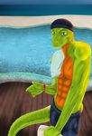  bald blue_eyes gecko hat lizard looking_at_viewer muscles pool reptile scalie spiritd swimming_cap swimsuit towel watch 