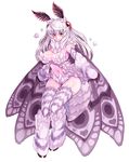  antennae blush breasts bridal_gauntlets cleavage fluffy full_body heart insect_girl insect_wings kenkou_cross large_breasts looking_at_viewer midriff monster monster_girl monster_girl_encyclopedia moth_girl mothman_(monster_girl_encyclopedia) navel official_art red_eyes simple_background solo thighhighs white_background white_hair wings 