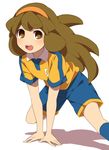  brown_eyes brown_hair hairband inazuma_eleven_(series) inazuma_eleven_go inazuma_eleven_go_chrono_stone lightning_bolt long_hair nanobana_kinako no_pupils open_mouth orange_hairband raimon raimon_soccer_uniform sekina simple_background soccer_uniform solo sportswear white_background 