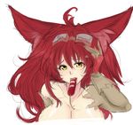  1girl ahoge animal_ears big_hair borrowed_character breasts cat_ears cleavage dynamite goggles goggles_on_head highres huge_breasts long_hair mouth_hold nellko_agogo original out-of-frame_censoring red_hair solo steffydoodles yellow_eyes 