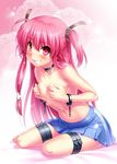  angel_beats! barefoot blush breasts choker covering covering_breasts cuffs grin jpeg_artifacts leaning_forward navel pink_eyes pink_hair pleated_skirt shackles sidelocks sitting skirt small_breasts smile solo sparkle stomach thigh_strap topless two_side_up yokozuwari yui_(angel_beats!) zen 