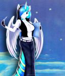  abstract_background anthro big_breasts blue_eyes blue_hair blumagpie breasts cleavage clothed clothing equine feathers female fingerless_gloves friendship_is_magic fur gloves hair hair_over_eye hi_res hooves horn horse long_hair looking_at_viewer mammal my_little_pony navel original_character pencil pony smile solo standing two_tone_hair white_fur winged_unicorn wings 