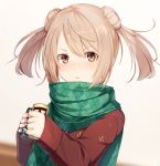  anchor_print blush brown_eyes can double_bun grey_background holding holding_can kantai_collection light_brown_hair looking_at_viewer meth_(emethmeth) michishio_(kantai_collection) red_sweater scarf short_hair simple_background solo sweater twintails 
