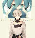  1girl aqua_eyes asuna_(doruru-mon) bangs blue_hair cable cellphone closed_eyes covered_mouth covering_mouth detached_collar directional_arrow drooling ene_(kagerou_project) facial_mark facing_viewer green_eyes green_hair hair_between_eyes headphones heartbeat holding holding_phone inset kagerou_project konoha_(kagerou_project) listening_to_music long_hair long_sleeves looking_at_viewer messy_hair monitor phone red_eyes silver_hair sitting sleeping sleeping_upright sleeves_past_fingers sleeves_past_wrists twintails 