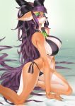  bikini breasts cervine clothing female focus_on_eyes hair hair_bow hair_ribbon jewelry mammal necklace purple_hair ribbons snow solo swimsuit 