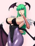  1girl breasts capcom green_hair large_breasts long_hair ml morrigan_aensland nail_polish nipples solo vampire_(game) 