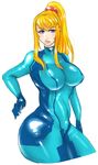  bad_id bad_tumblr_id blonde_hair blue_eyes bodysuit breasts cowboy_shot cropped_legs curvy highres large_breasts lips long_hair metroid mole mole_under_mouth ponytail samus_aran scrunchie shiny shiny_clothes skin_tight solo steffydoodles zero_suit 